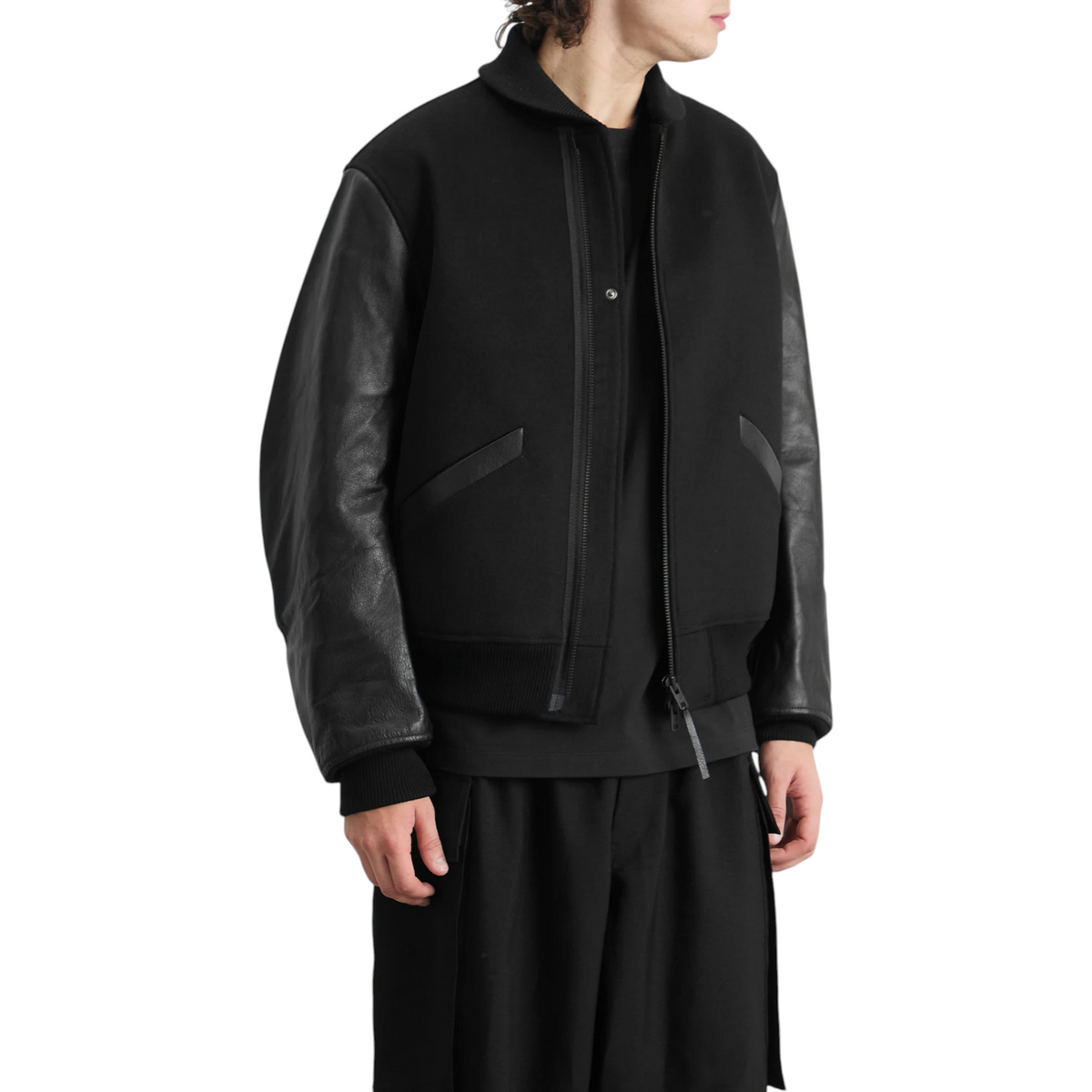 Adidas Y3 Mens Letterman Jacket Full Zip Leather Sleeve Bomber Jacket