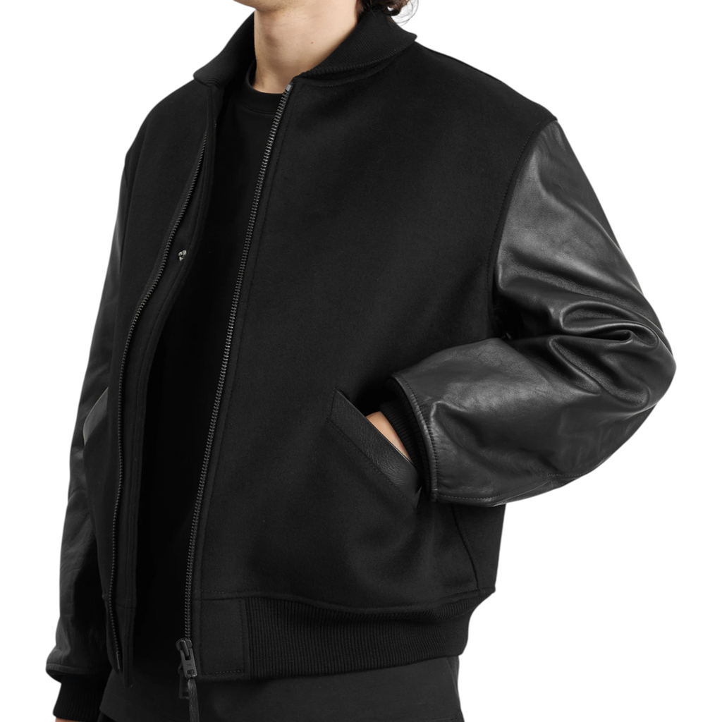 Adidas Y3 Mens Letterman Jacket Full Zip Leather Sleeve Bomber Jacket