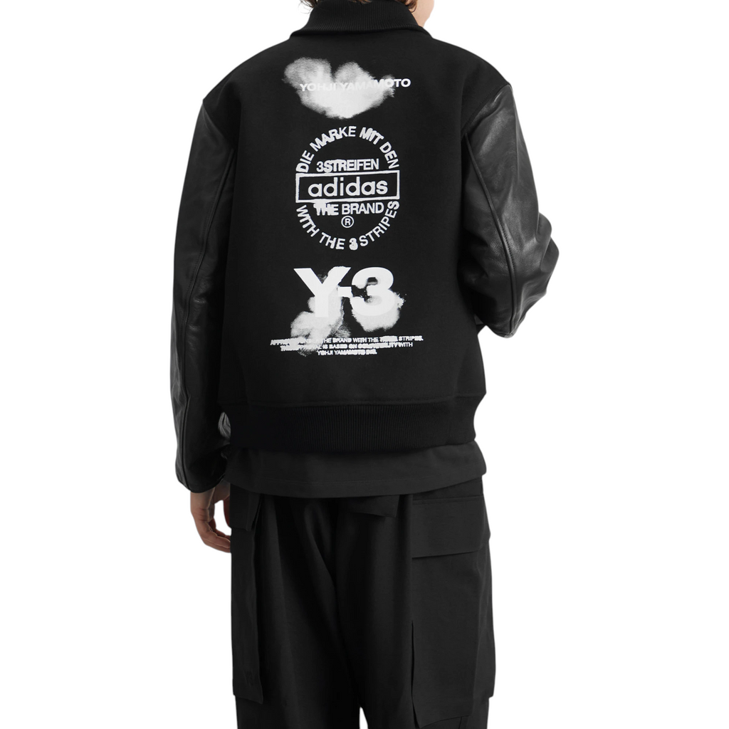 Adidas Y3 Mens Letterman Jacket Full Zip Leather Sleeve Bomber Jacket