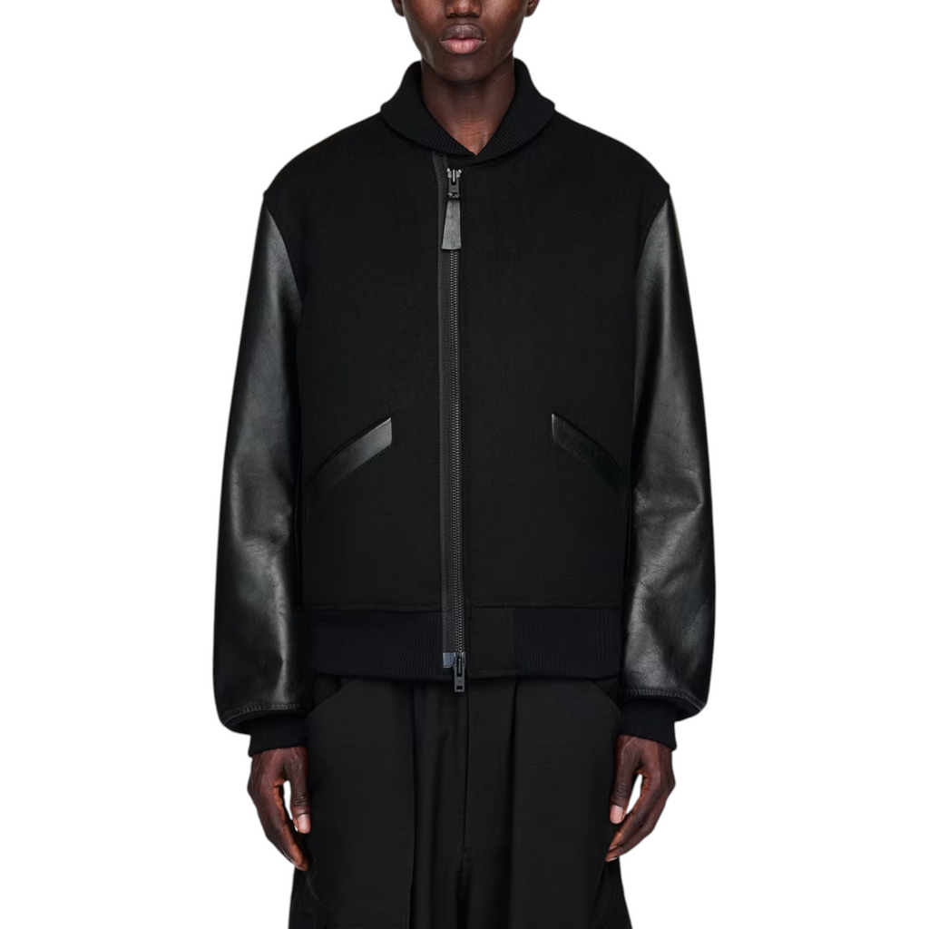 Adidas Y3 Mens Letterman Jacket Full Zip Leather Sleeve Bomber Jacket