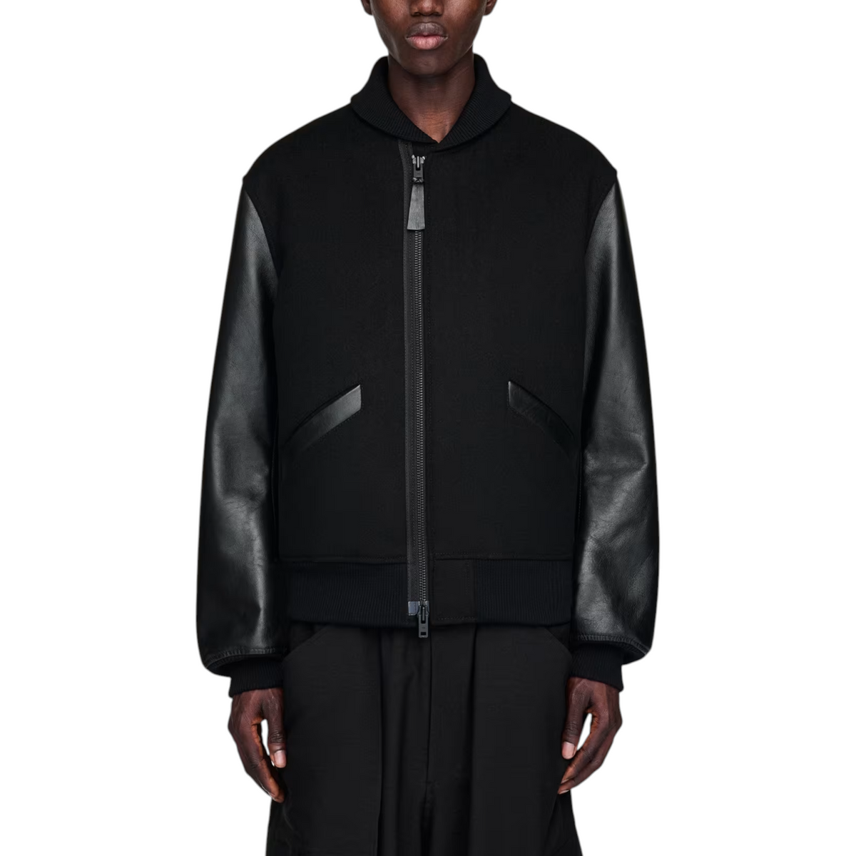 Adidas Y3 Mens Letterman Jacket Full Zip Leather Sleeve Bomber Jacket
