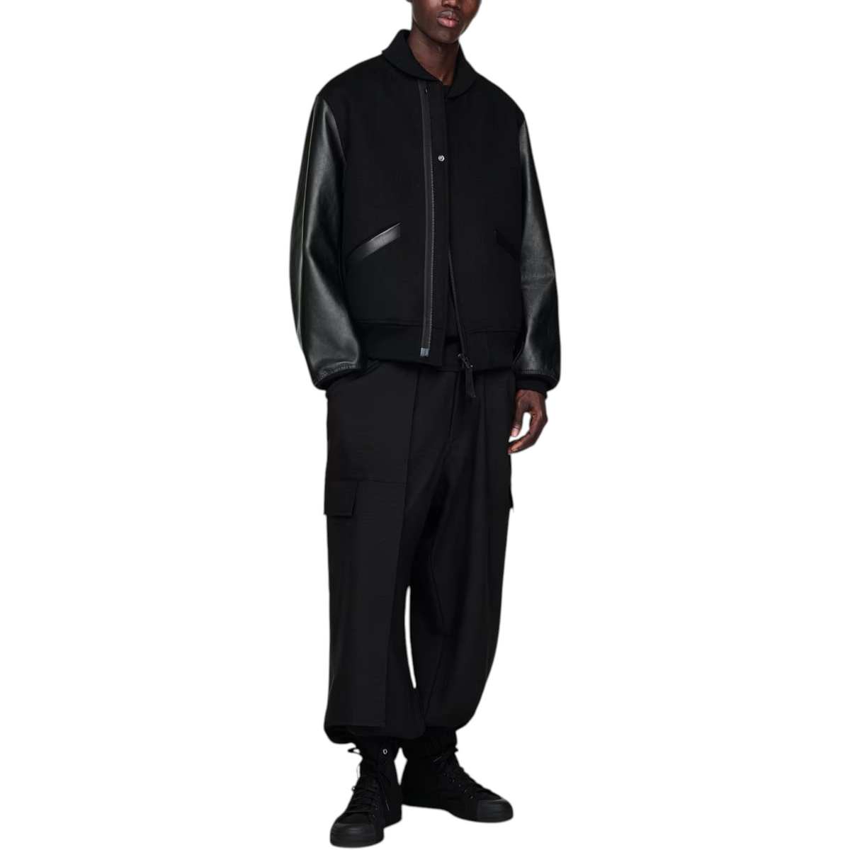 Adidas Y3 Mens Letterman Jacket Full Zip Leather Sleeve Bomber Jacket