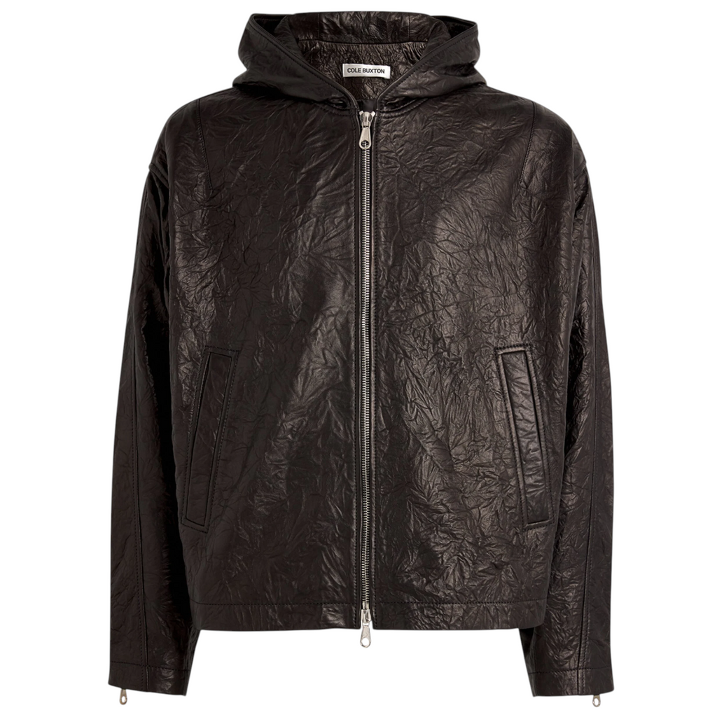 Cole Buxton Mens Leather Jacket Distressed Hooded Full Zip