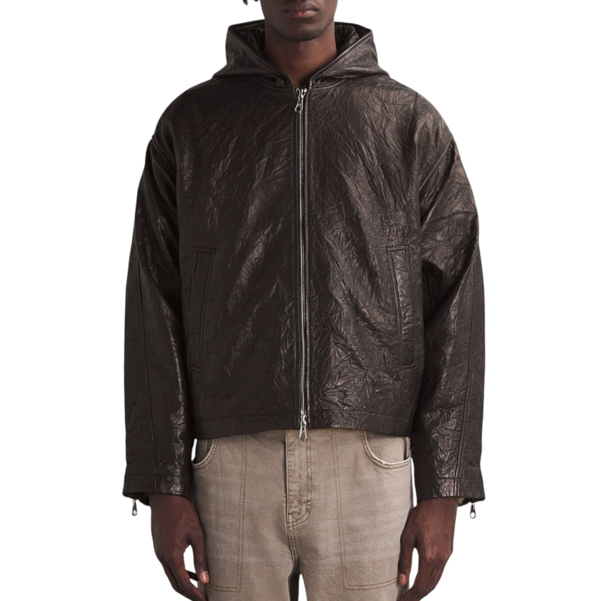 Cole Buxton Mens Leather Jacket Distressed Hooded Full Zip