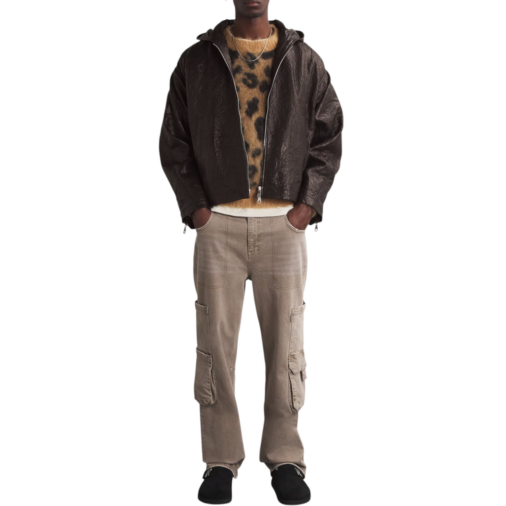 Cole Buxton Mens Leather Jacket Distressed Hooded Full Zip