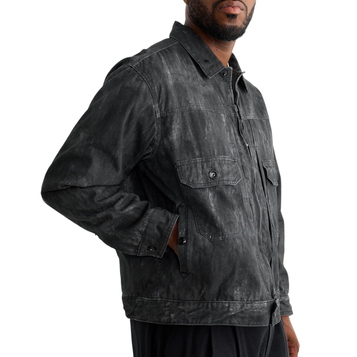 Engineered Garments Mens Trucker Jacket Distressed Print Cotton Black