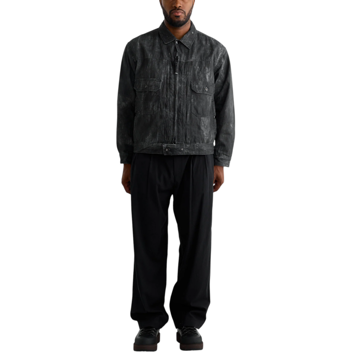 Engineered Garments Mens Trucker Jacket Distressed Print Cotton Black