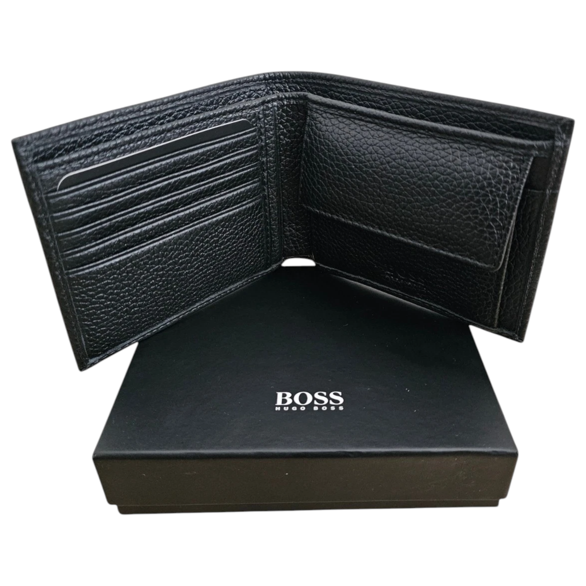 Hugo Boss Mens Genuine Leather Wallet Bold Bifold Credit Card Holder Black