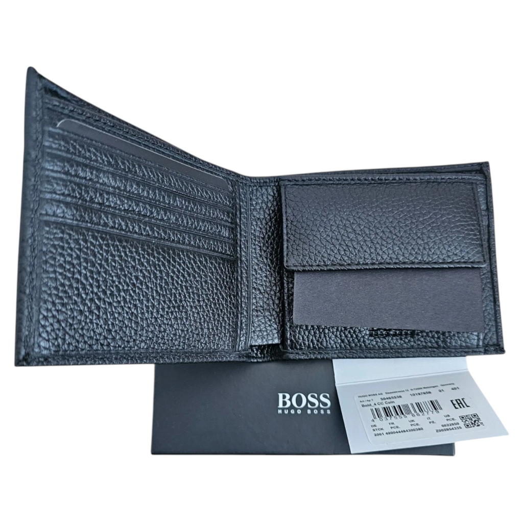 Hugo Boss Mens Genuine Leather Wallet Bold Bifold Credit Card Holder Black