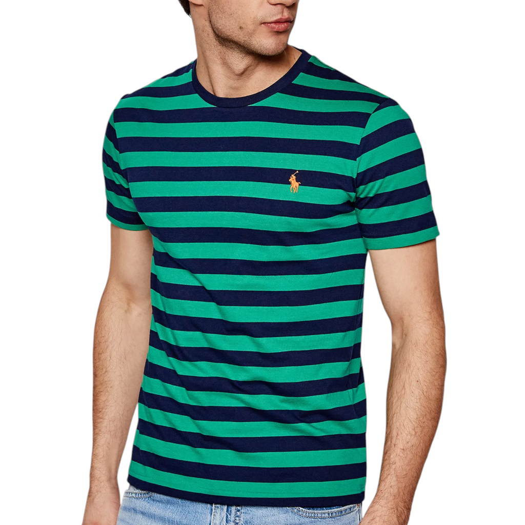 Polo Ralph Lauren Mens T Shirt Crew Neck Green Striped Custom Fit Cotton