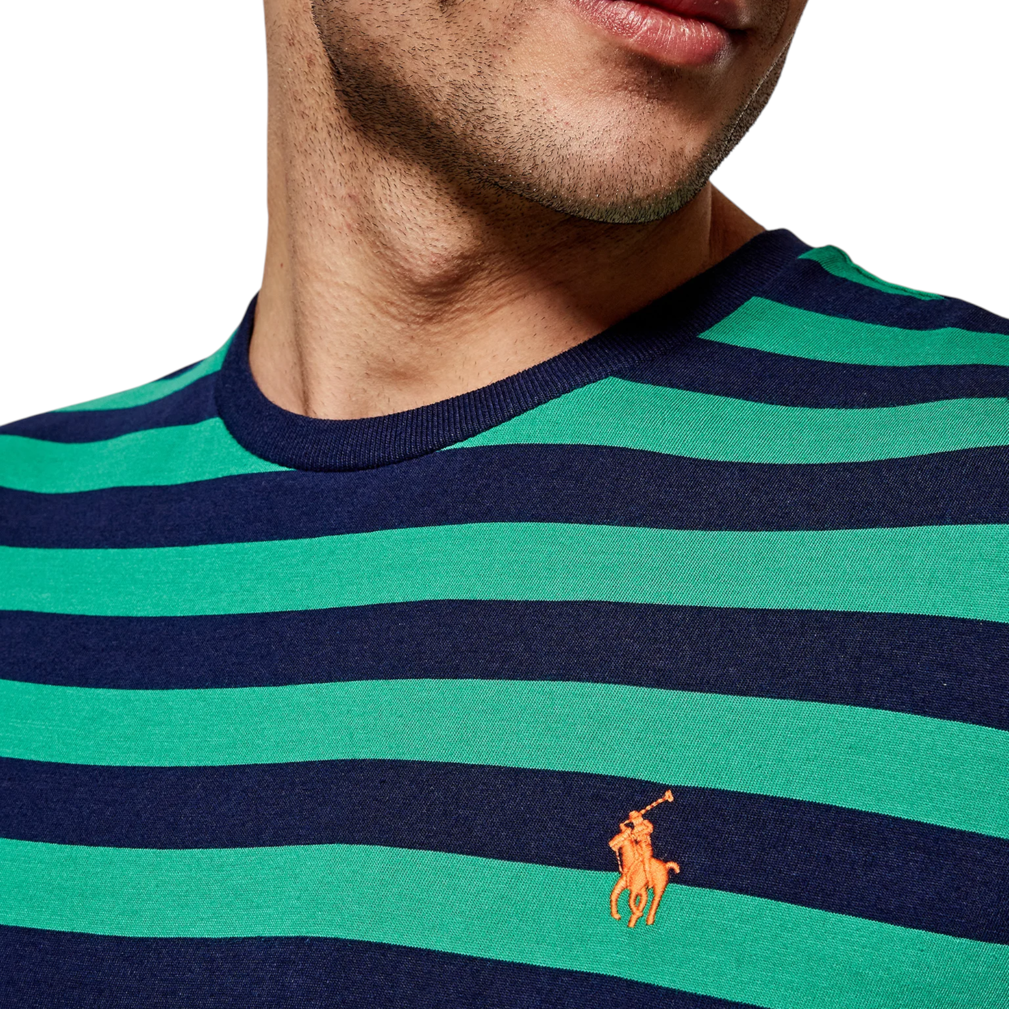 Polo Ralph Lauren Mens T Shirt Crew Neck Green Striped Custom Fit Cotton