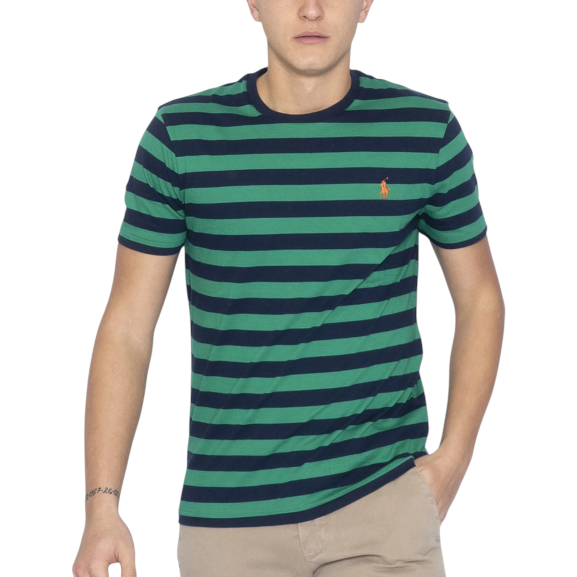 Polo Ralph Lauren Mens T Shirt Crew Neck Green Striped Custom Fit Cotton