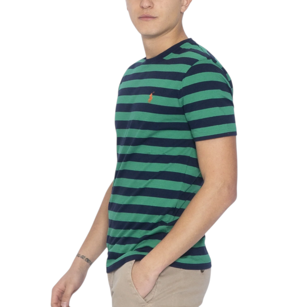 Polo Ralph Lauren Mens T Shirt Crew Neck Green Striped Custom Fit Cotton