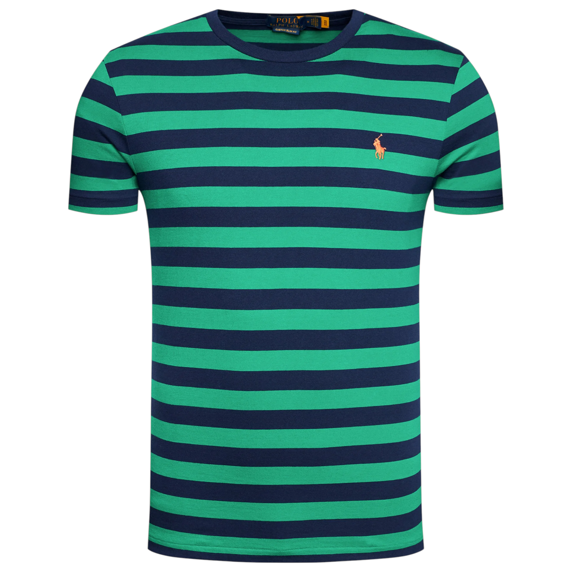 Polo Ralph Lauren Mens T Shirt Crew Neck Green Striped Custom Fit Cotton