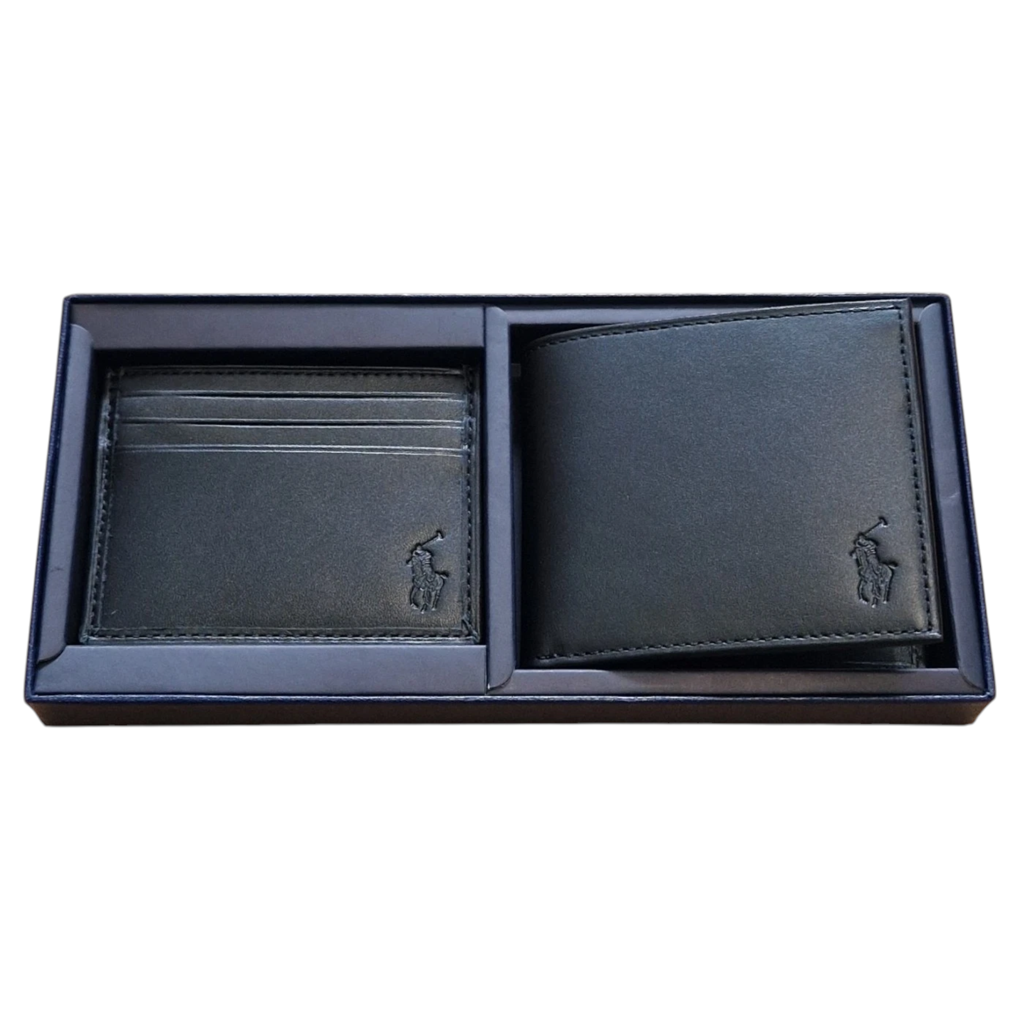 Ralph Lauren Mens Wallet Gift Set Box Leather Bifold Credit Card Holder Black