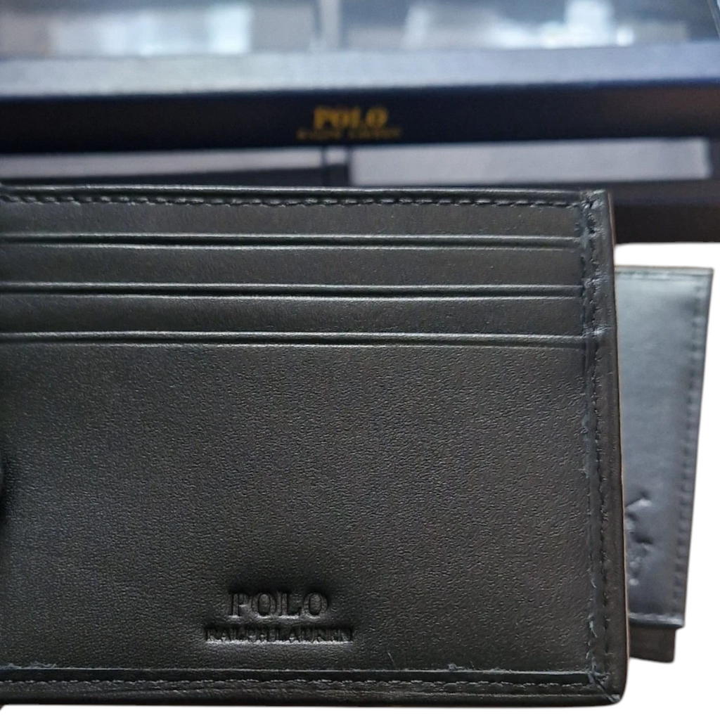 Ralph Lauren Mens Wallet Gift Set Box Leather Bifold Credit Card Holder Black
