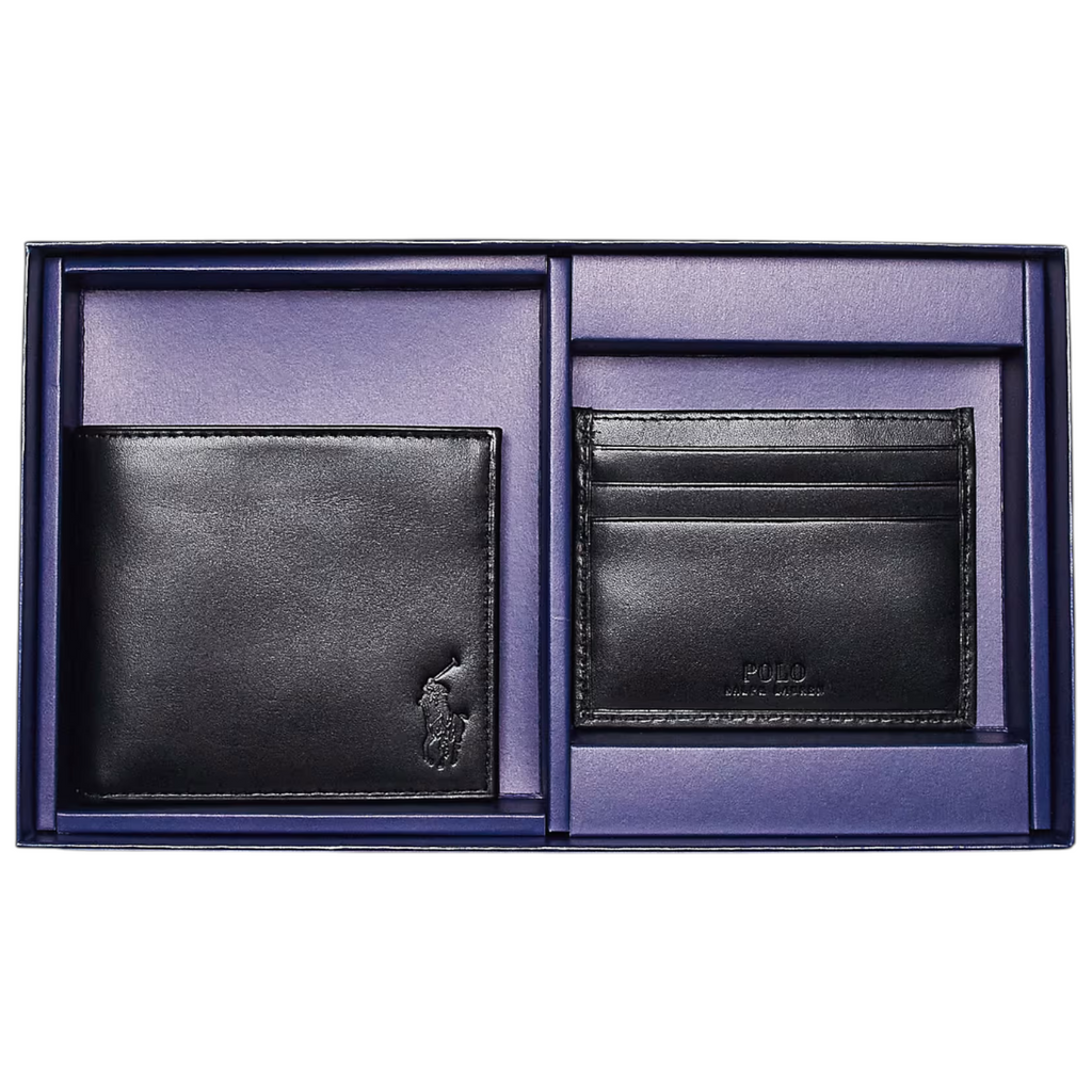 Ralph Lauren Mens Wallet Gift Set Box Leather Bifold Credit Card Holder Black