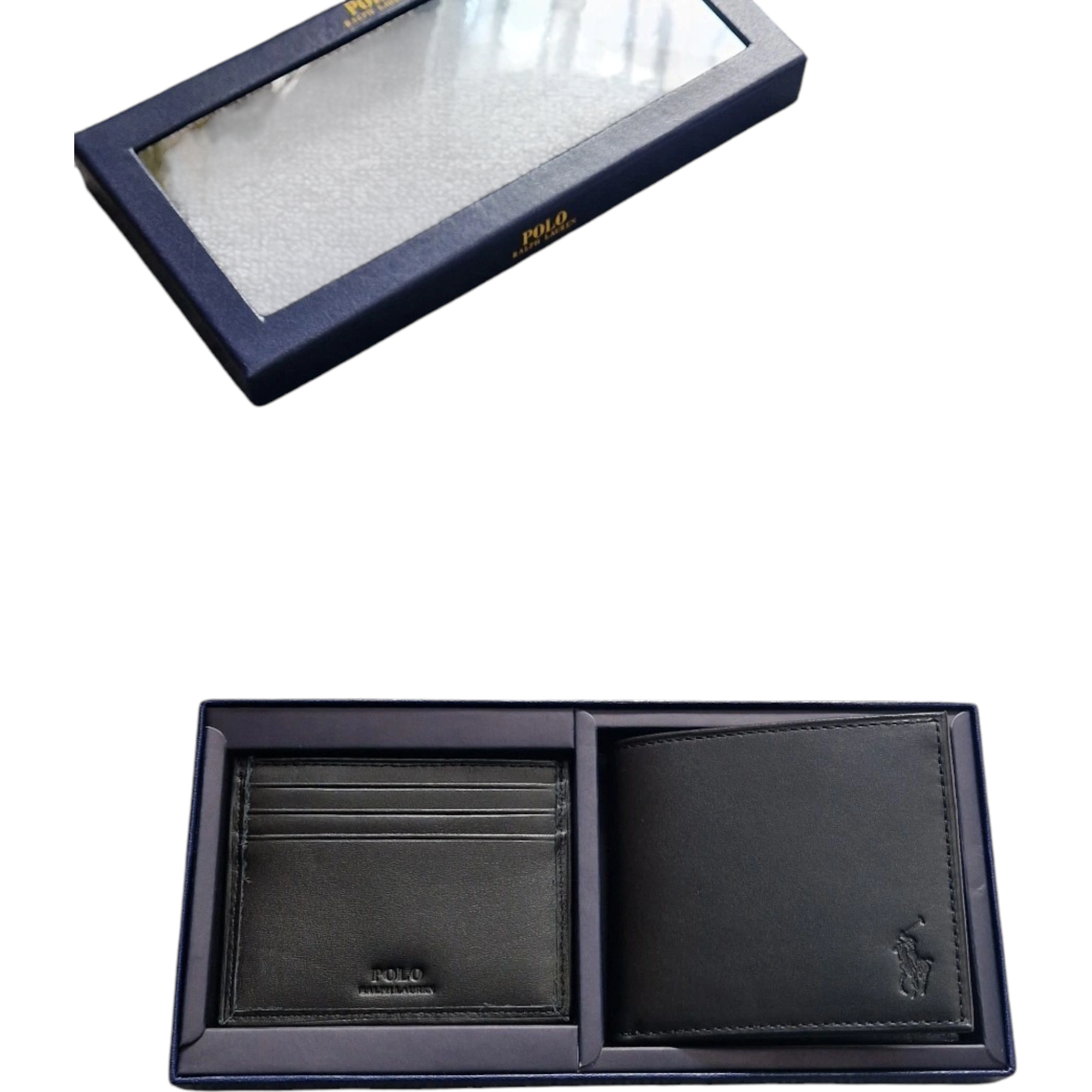 Ralph Lauren Mens Wallet Gift Set Box Leather Bifold Credit Card Holder Black