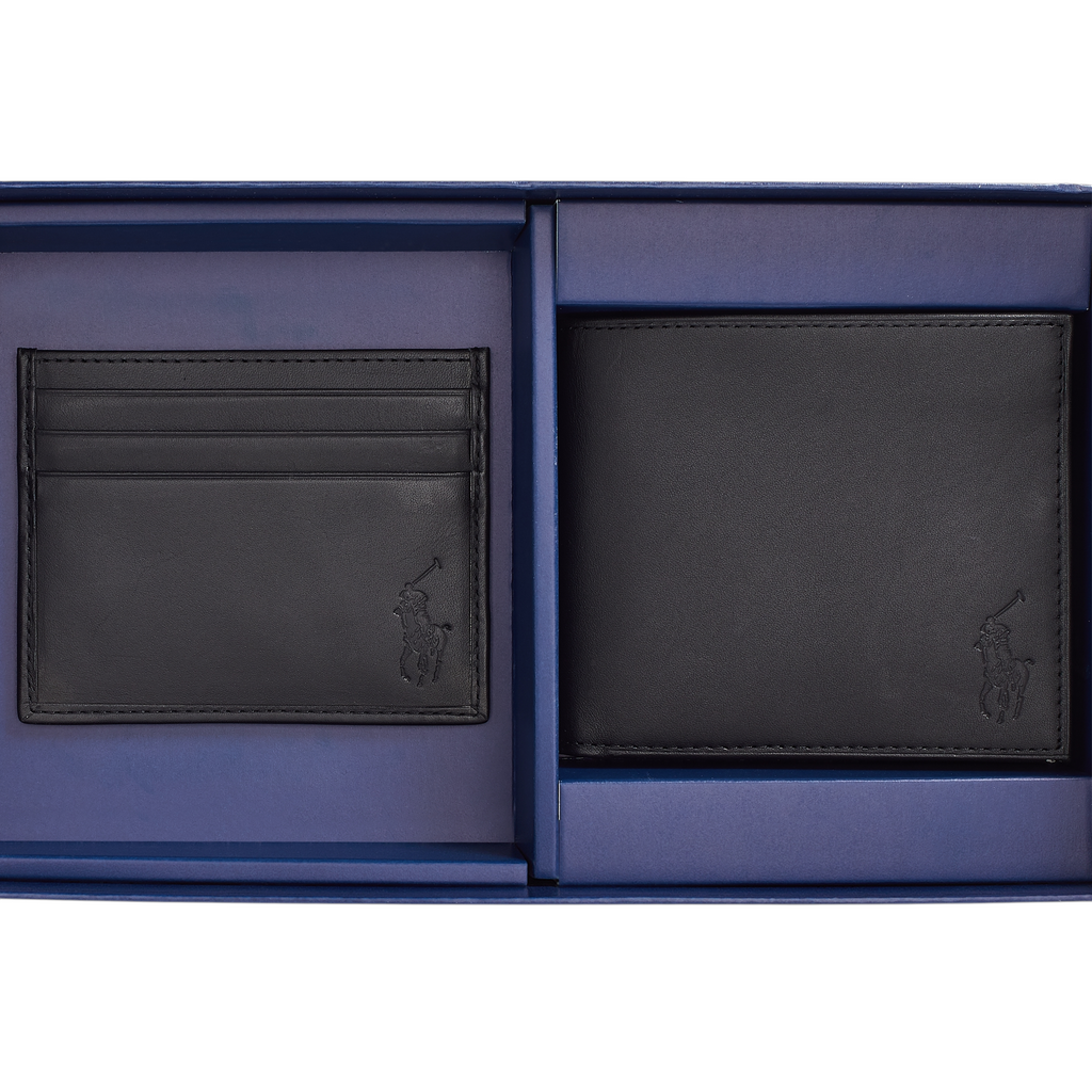 Ralph Lauren Mens Wallet Gift Set Box Leather Bifold Credit Card Holder Black