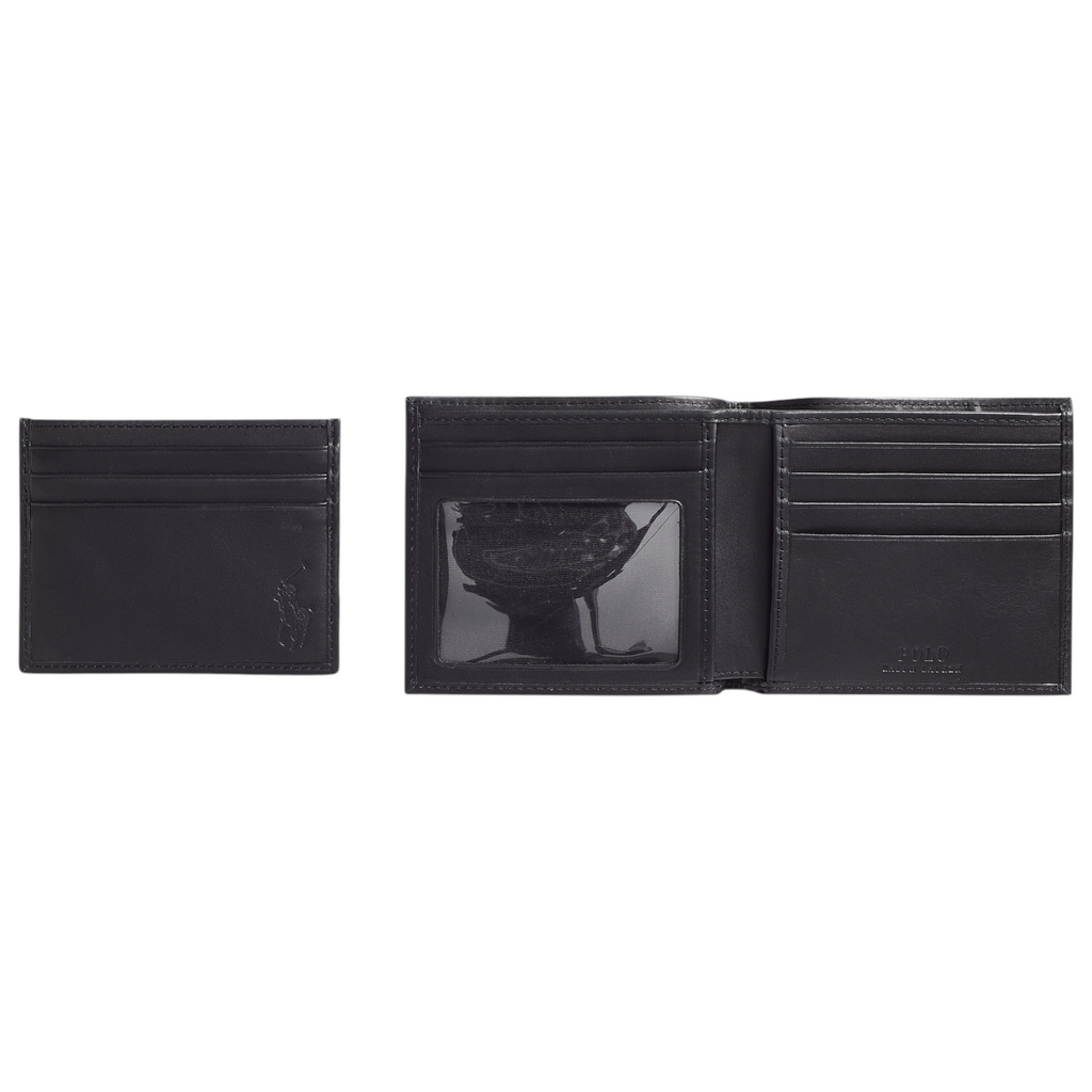 Ralph Lauren Mens Wallet Gift Set Box Leather Bifold Credit Card Holder Black