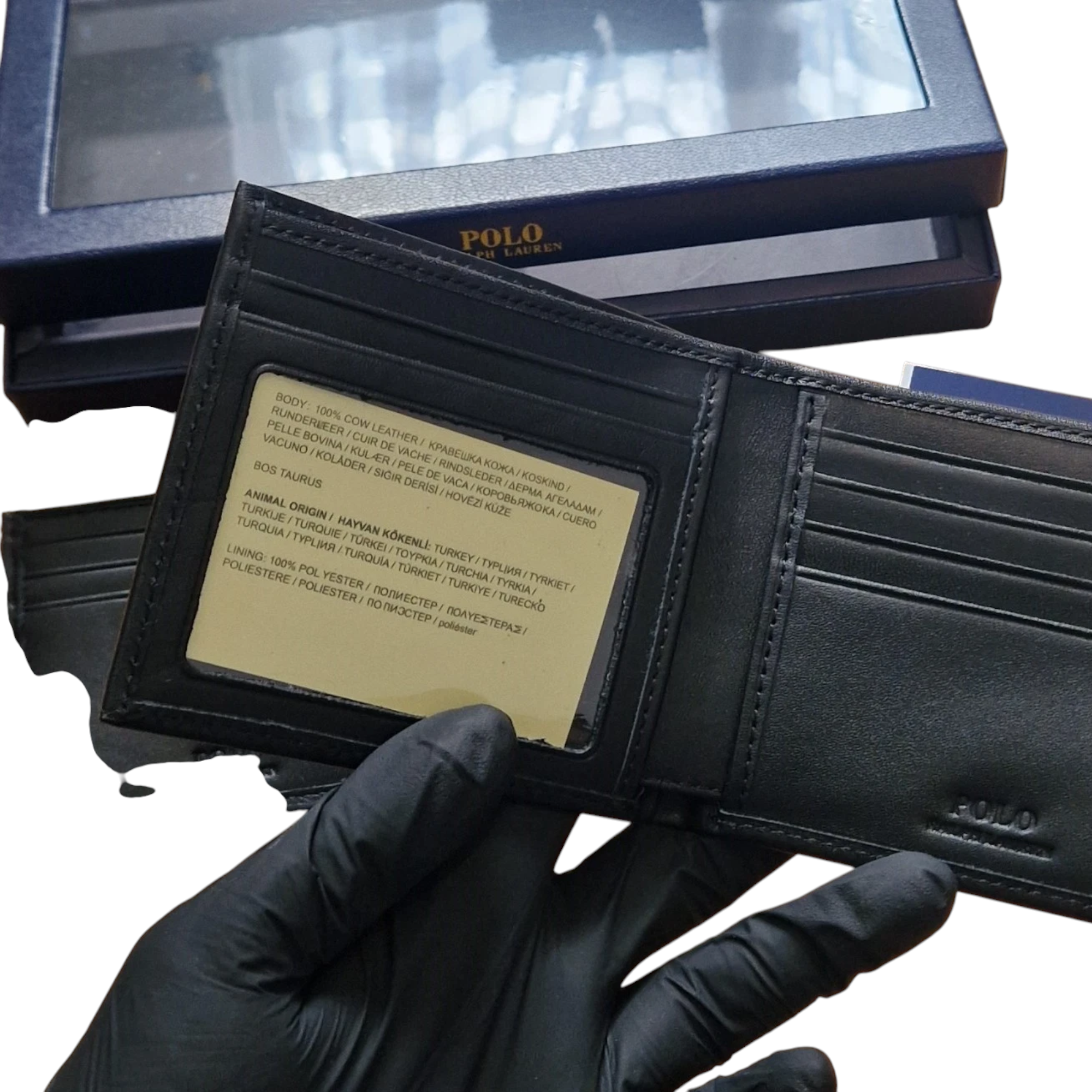 Ralph Lauren Mens Wallet Gift Set Box Leather Bifold Credit Card Holder Black