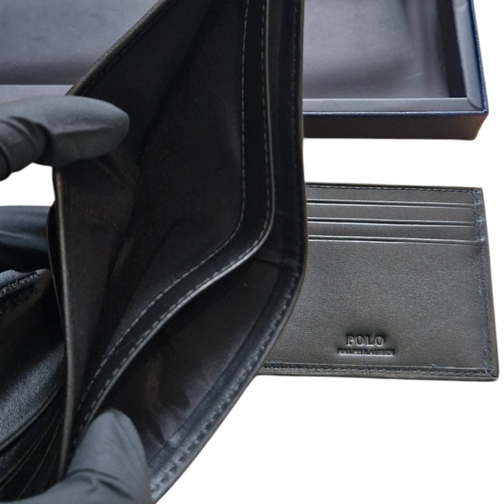 Ralph Lauren Mens Wallet Gift Set Box Leather Bifold Credit Card Holder Black