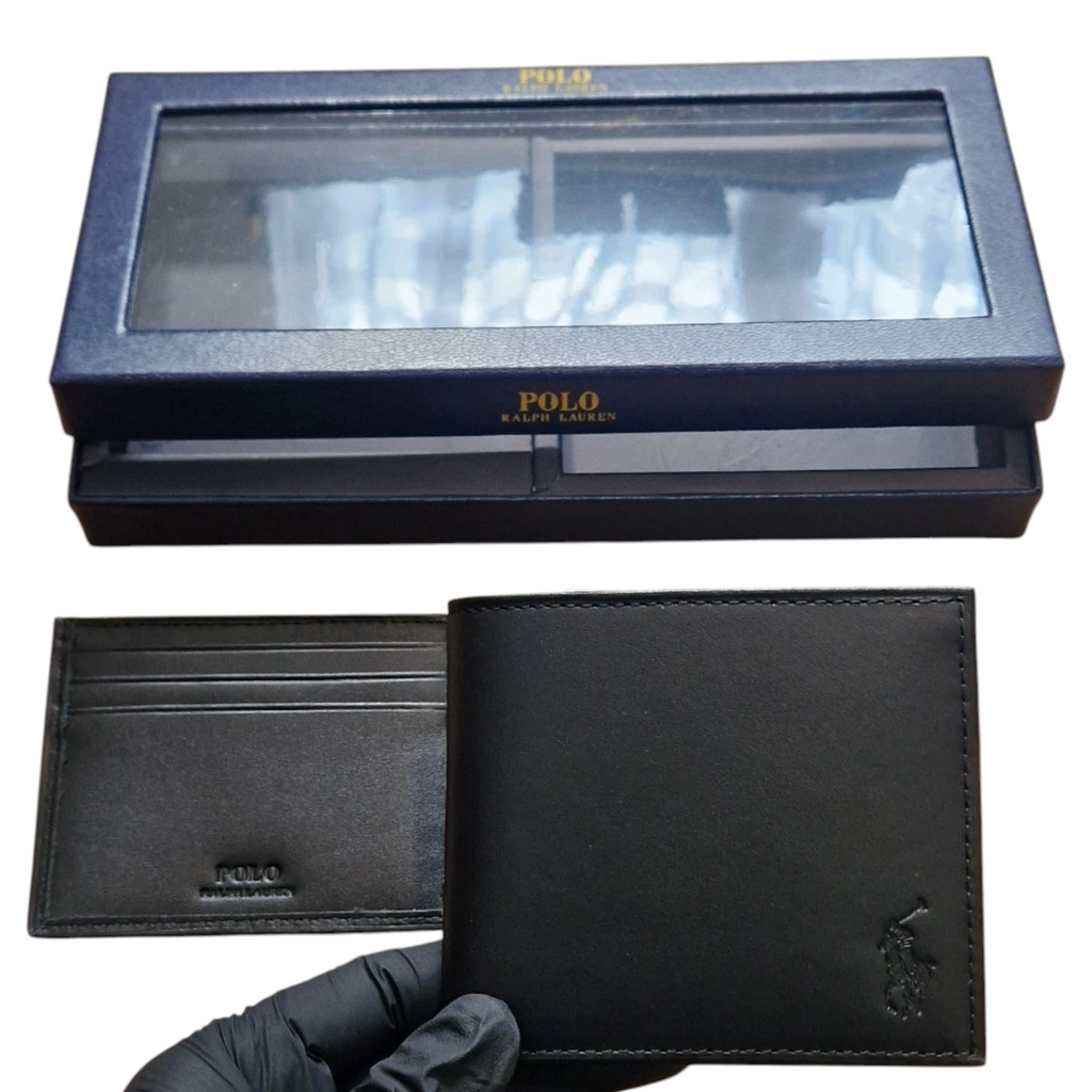 Ralph Lauren Mens Wallet Gift Set Box Leather Bifold Credit Card Holder Black