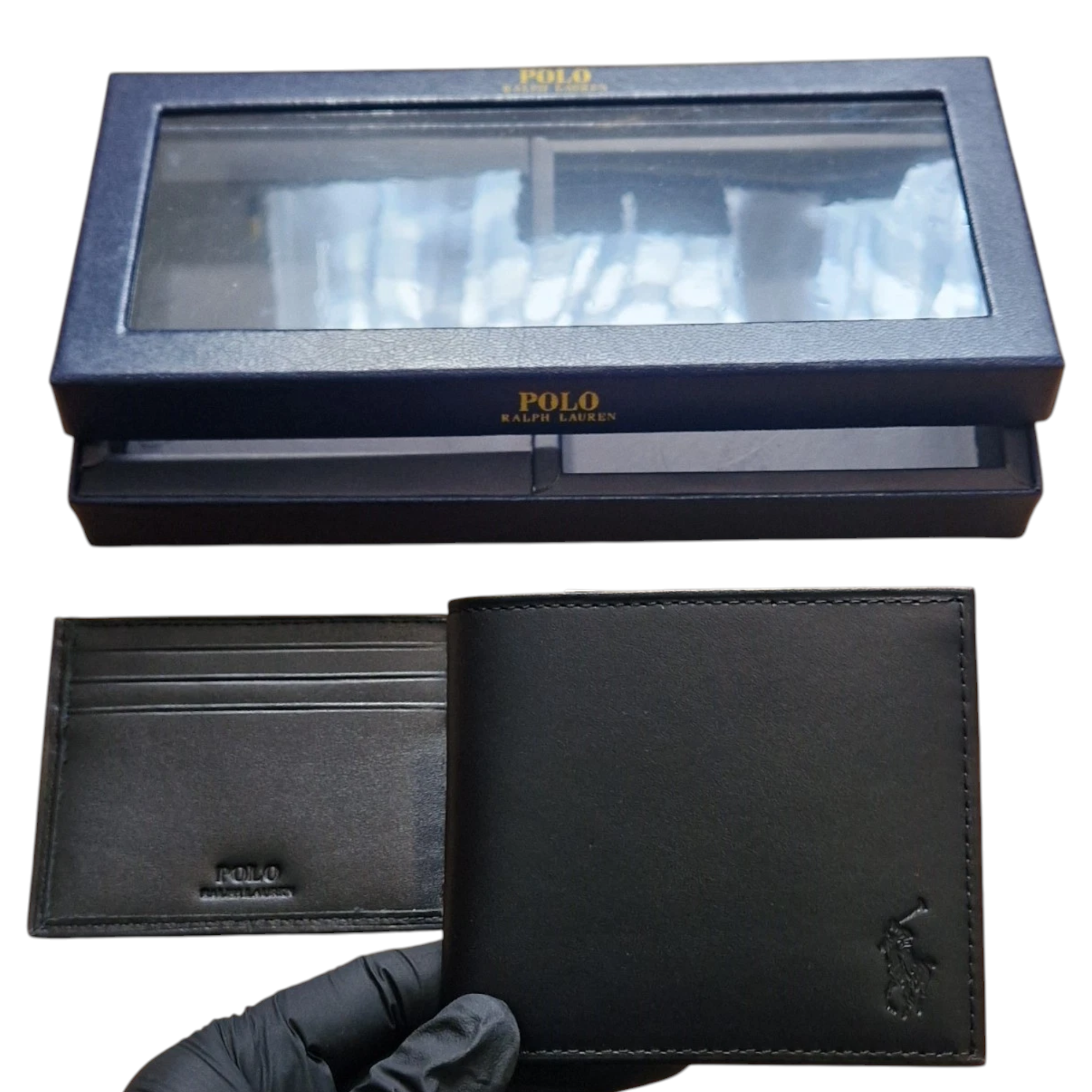 Ralph Lauren Mens Wallet Gift Set Box Leather Bifold Credit Card Holder Black