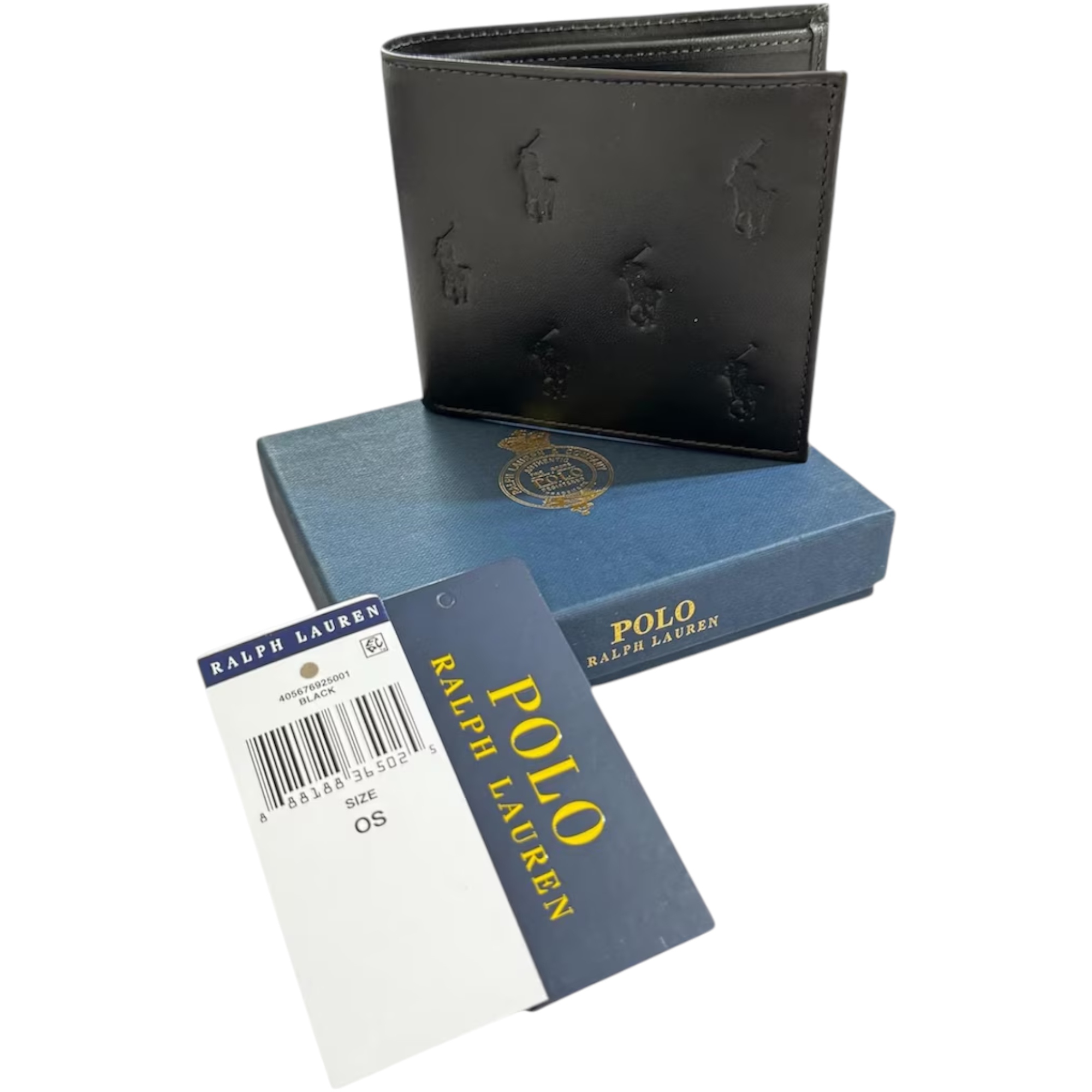 Ralph Lauren Mens Genuine Leather Wallet Multi Embossed Bifold Credit Card Holder Black