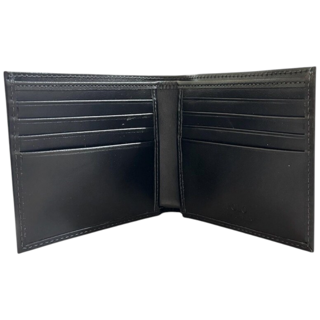 Ralph Lauren Mens Genuine Leather Wallet Multi Embossed Bifold Credit Card Holder Black