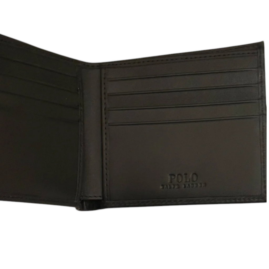 Ralph Lauren Mens Genuine Leather Wallet Multi Embossed Bifold Credit Card Holder Black