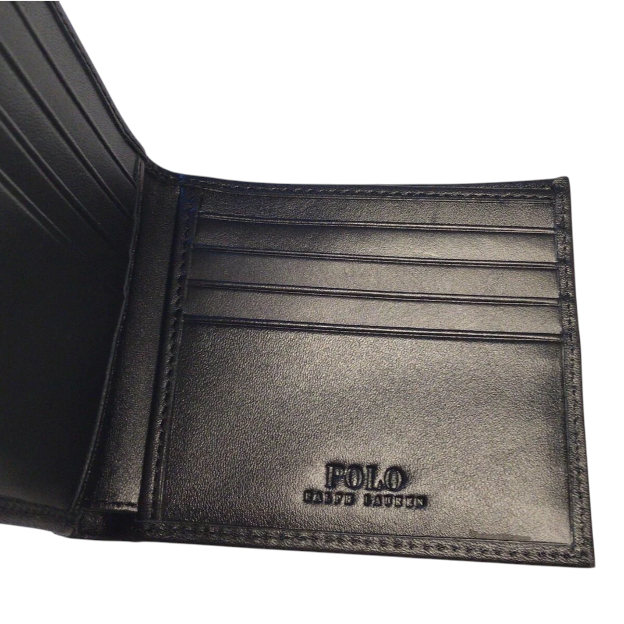 Ralph Lauren Mens Genuine Leather Wallet Multi Embossed Bifold Credit Card Holder Black