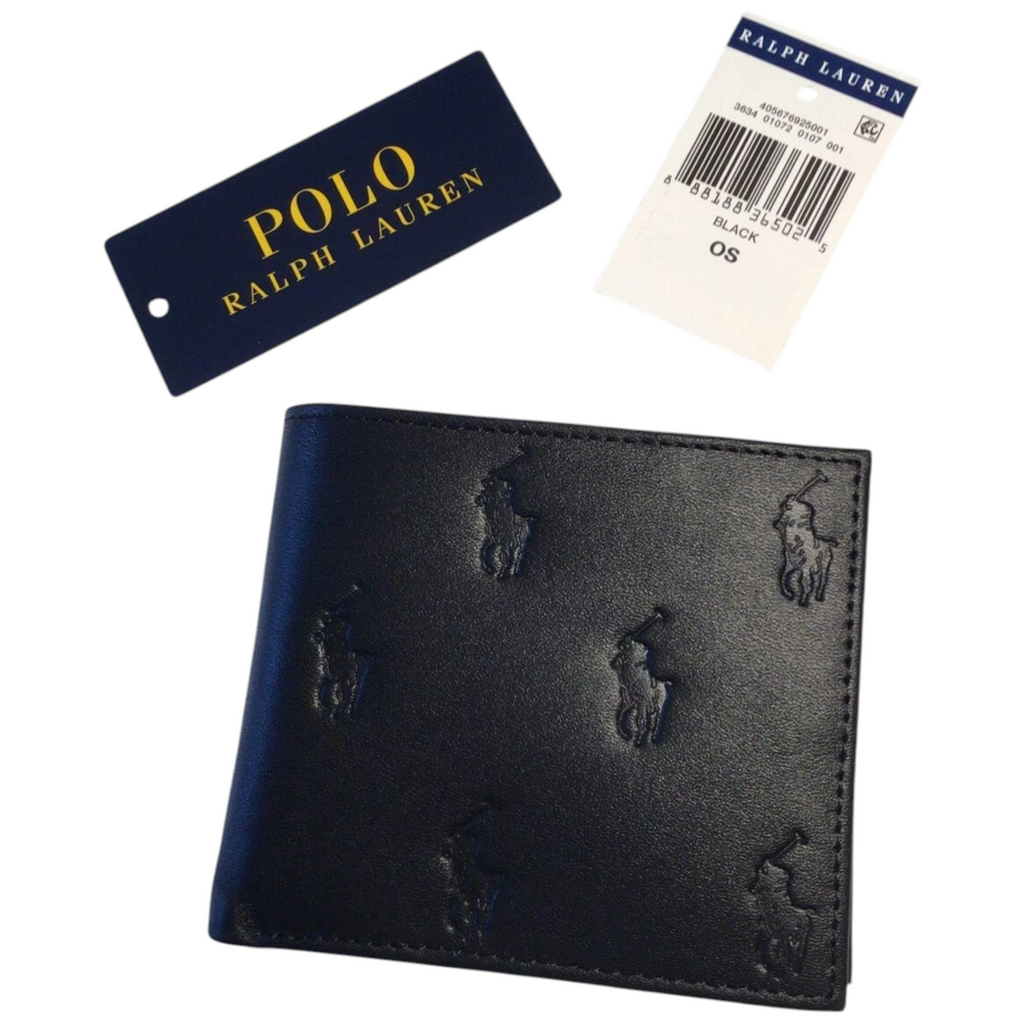 Ralph Lauren Mens Genuine Leather Wallet Multi Embossed Bifold Credit Card Holder Black