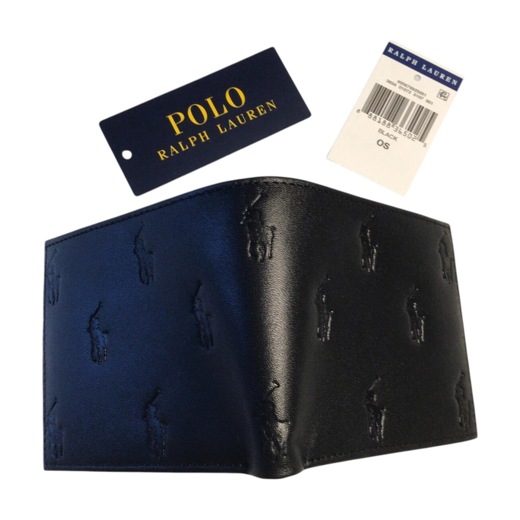 Ralph Lauren Mens Genuine Leather Wallet Multi Embossed Bifold Credit Card Holder Black