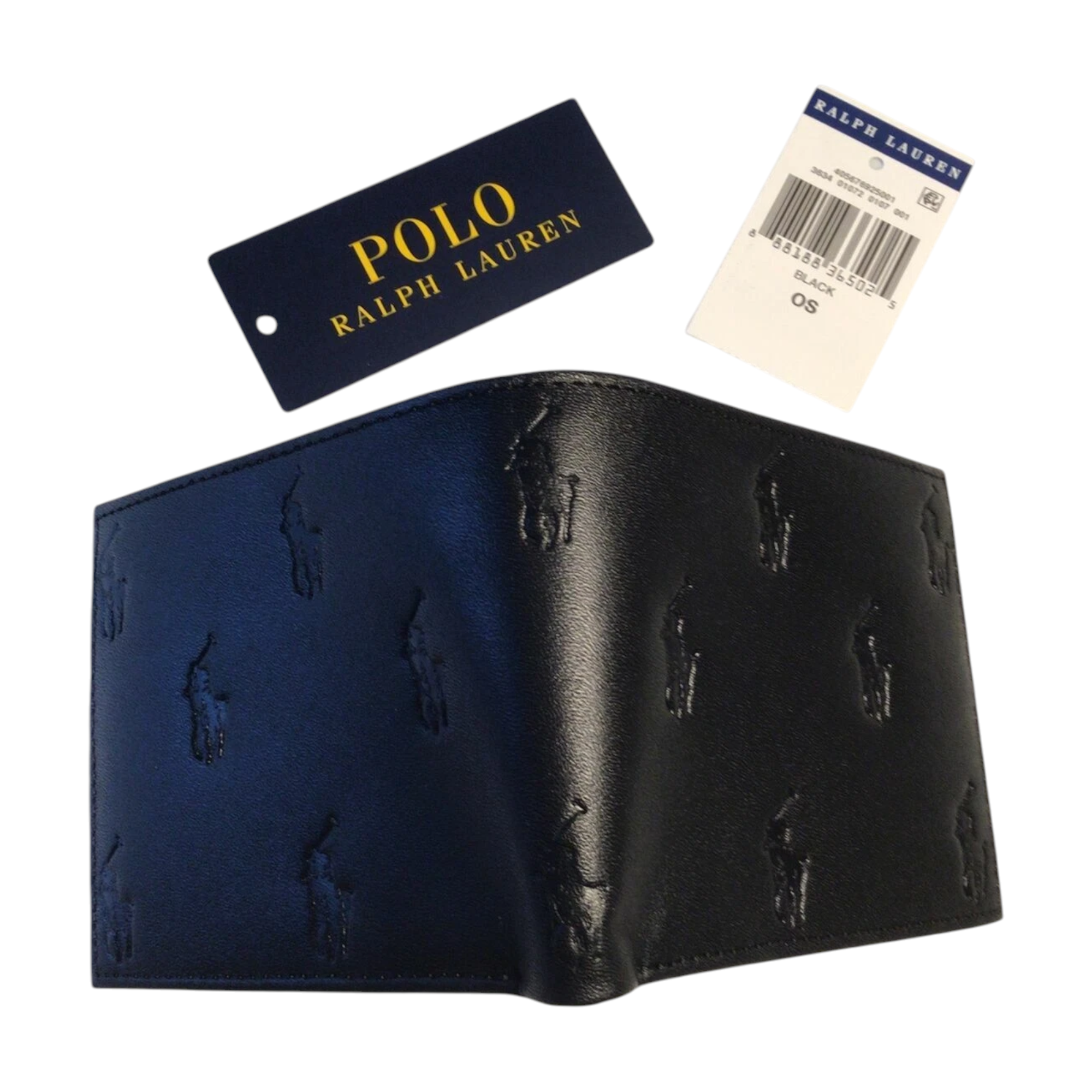 Ralph Lauren Mens Genuine Leather Wallet Multi Embossed Bifold Credit Card Holder Black